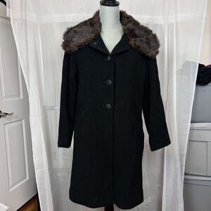 Vintage Black Rivet wool pea coat fur trim sz 12 preppy chic quiet luxury
